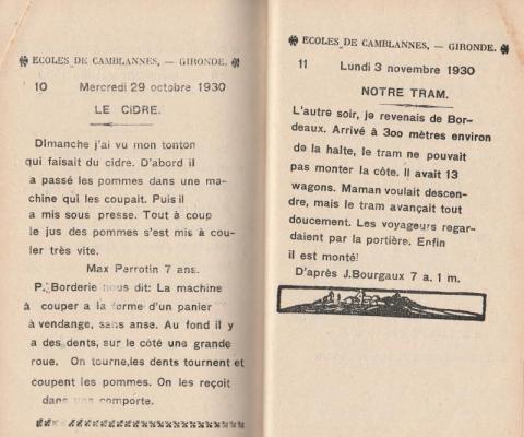 journal scolaire de Camblannes (Gironde) 1930